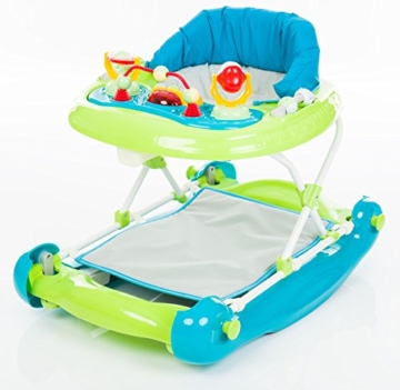 Fillikid Gehfrei Lauflernwagen 3in1 Exclusiv | Lauflernhilfe mit Spielbrett | Laufwagen mit Schaukel-Funktion | Babyschaukel 3 fach höhenverstellbar | Baby Walker mit Activity Center, Design:türkis/grün - 3