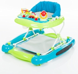 Fillikid Gehfrei Lauflernwagen 3in1 Exclusiv | Lauflernhilfe mit Spielbrett | Laufwagen mit Schaukel-Funktion | Babyschaukel 3 fach höhenverstellbar | Baby Walker mit Activity Center, Design:türkis/grün - 1