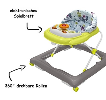 Fillikid Gehfrei Lauflernwagen Exclusiv | Lauflernhilfe mit Spielbrett & Anti-Rutsch-Funktion | Lauflernwagen 3 fach höhenverstellbar | Baby Walker mit waschbaren Einhang, Design:grün/grau - 3